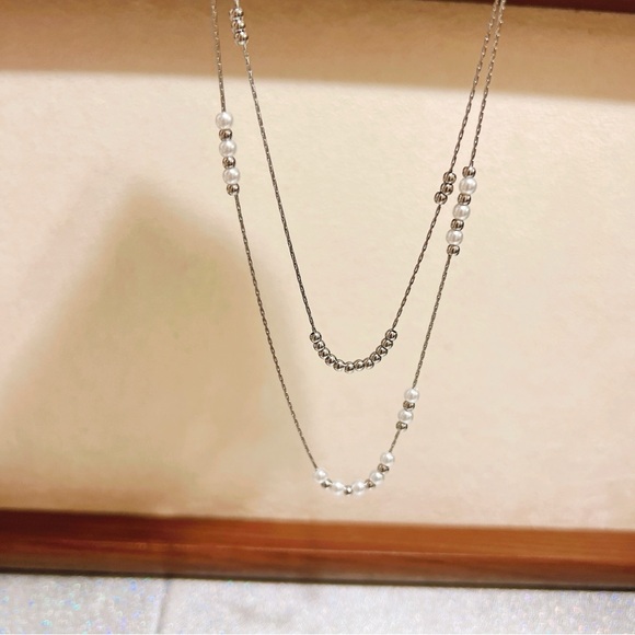 Stainless steel double layer silver tone necklace - Picture 7 of 9